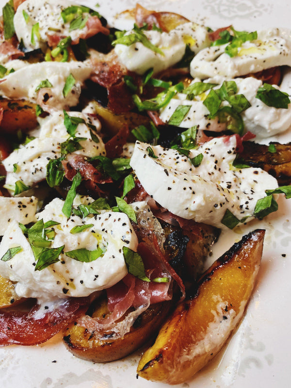 Grilled Peaches with Prosciutto & Burrata