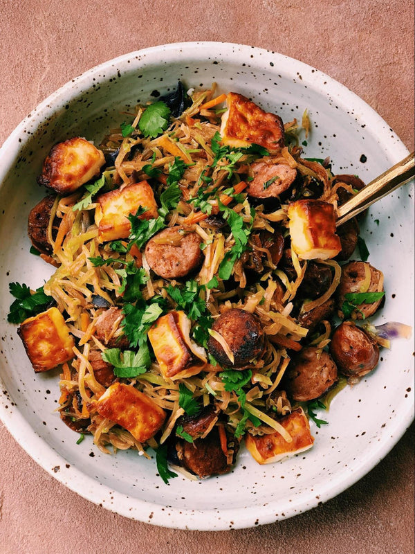 Raspberry Habanero Sausage and Broccoli Slaw Pasta